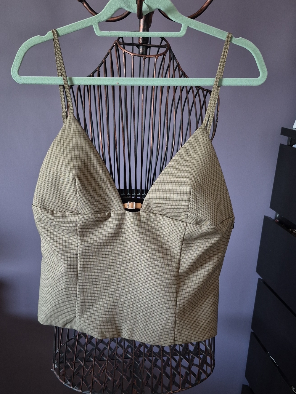 Olive Green Checked Spaghetti Strap Crop Top